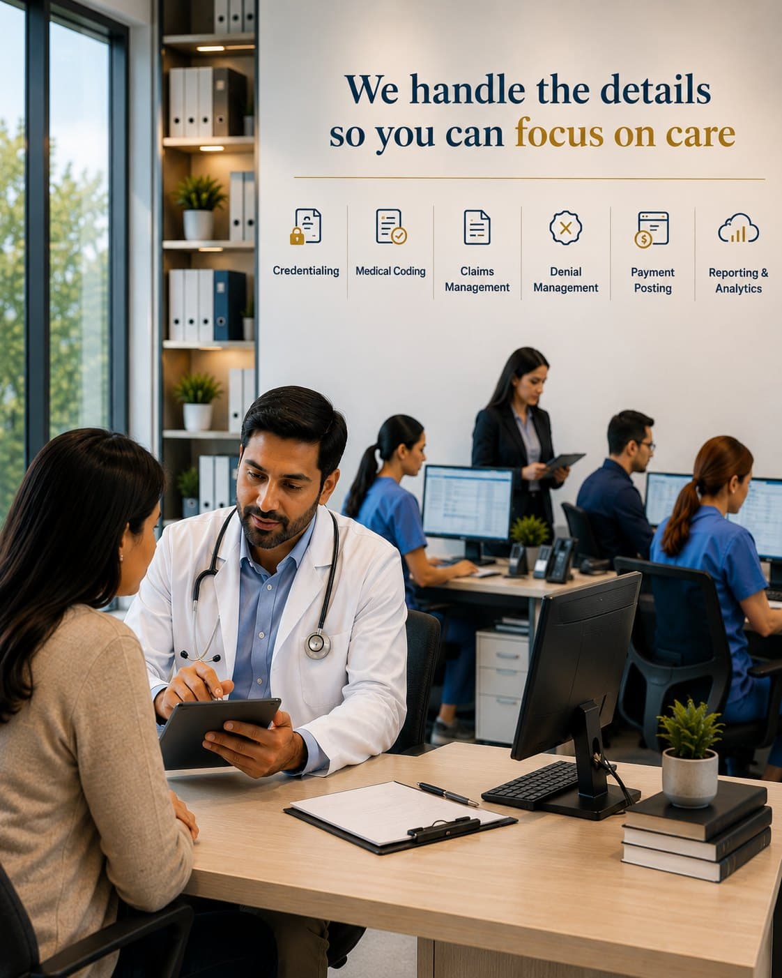 A provider reviewing an account with a patient while billing staff work behind them, under a wall reading: we handle the details so you can focus on care