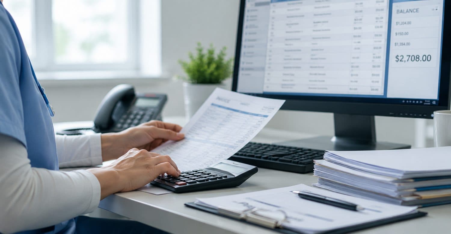 Billing work in progress: an invoice, a calculator and an account ledger on screen